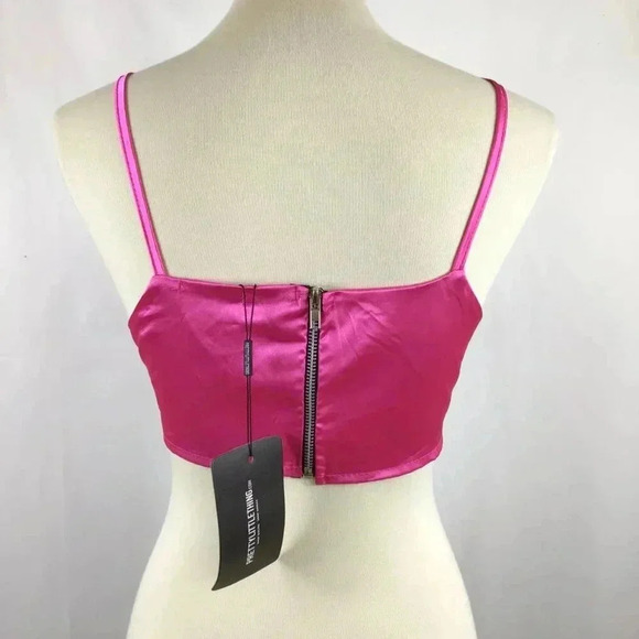 PrettyLittleThing Hot Pink Satin Bralet Crop Top 10 Spaghetti Straps Scoop Neck - Picture 5 of 7